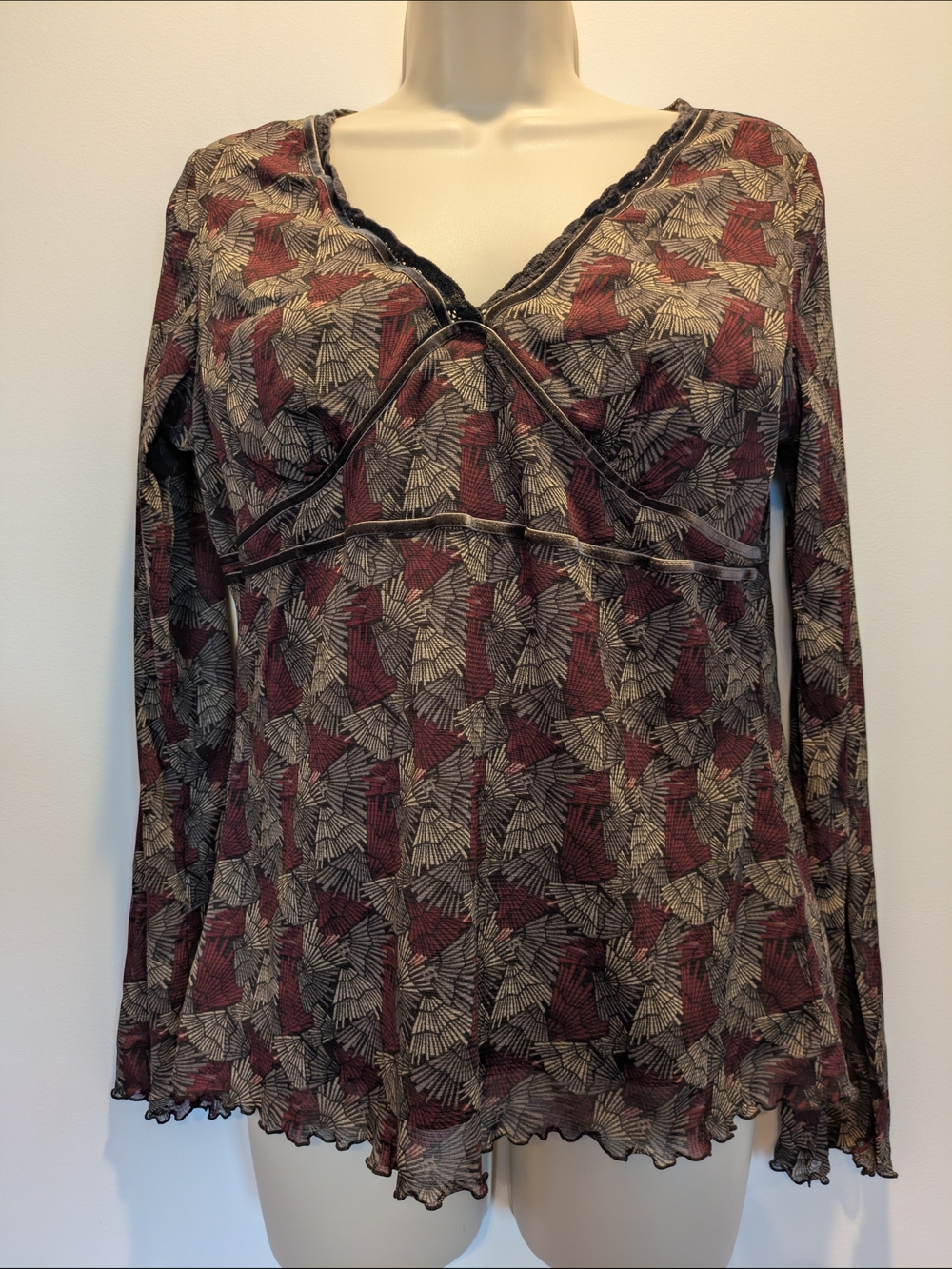 Axcess Women's Burgundy, Brown & Cream Long Sleeve Blouse Large